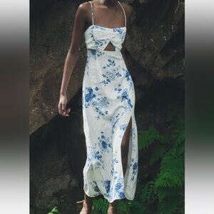 NWT Zara white and blue summer strappy floral dress with slit size US 8